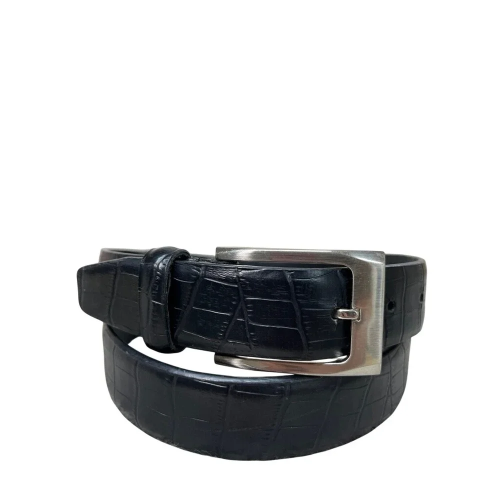 Mens Black Crocodile Embossed Genuine Leather Belt Silver Buckle Size 36 A3012